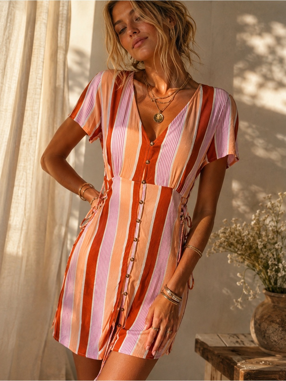 90s Striped V-Neck Button-Front Mini Dress in Rust and Pink